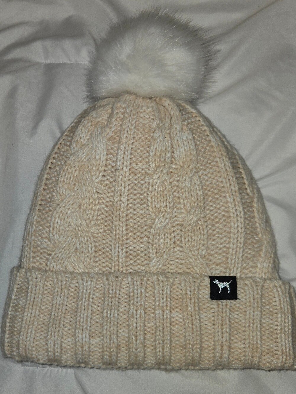 PINK Victoria's Secret Cream Cable Knit Pom Beanie